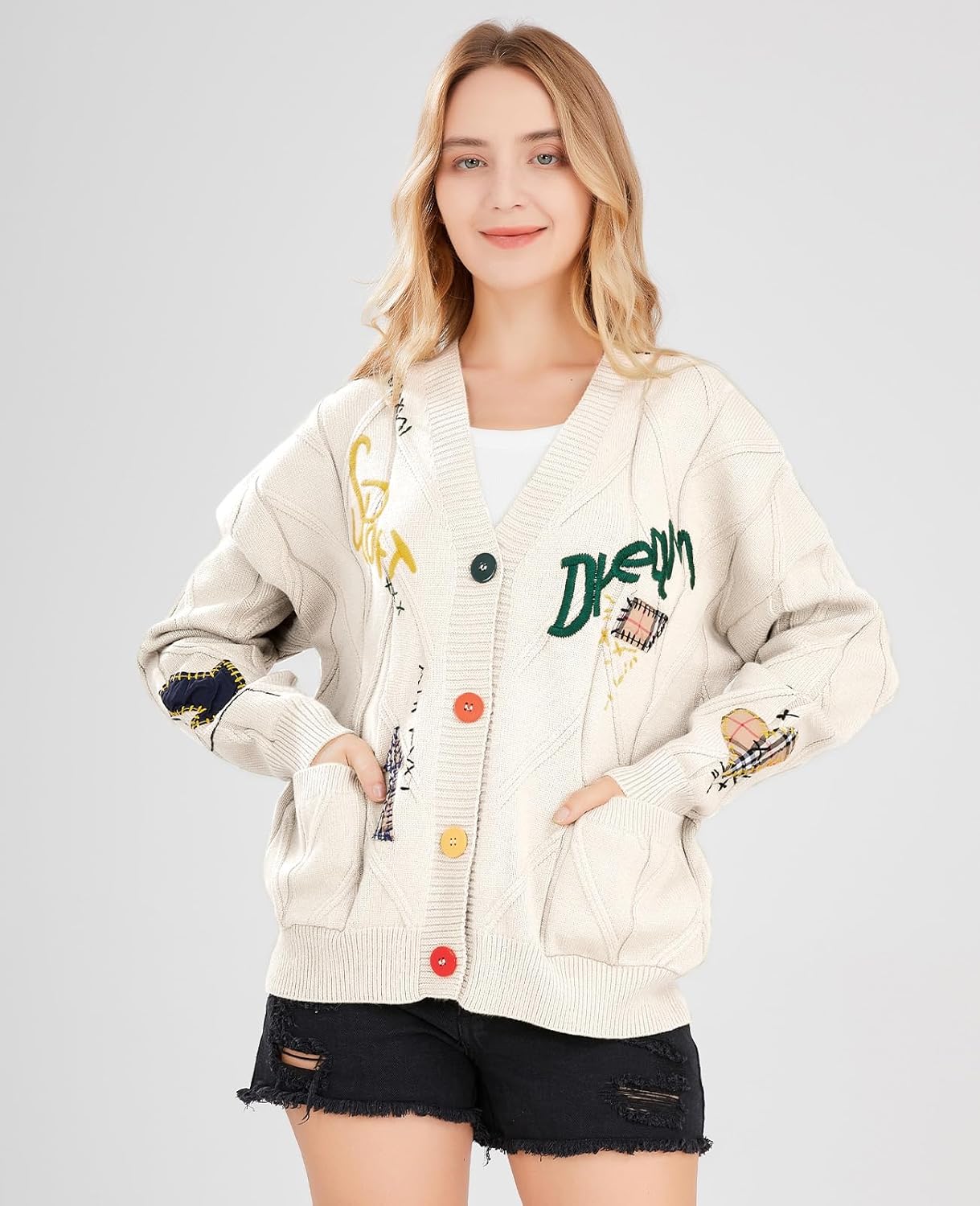 ケーブル編み刺繍入りウール混カーディガン アウター