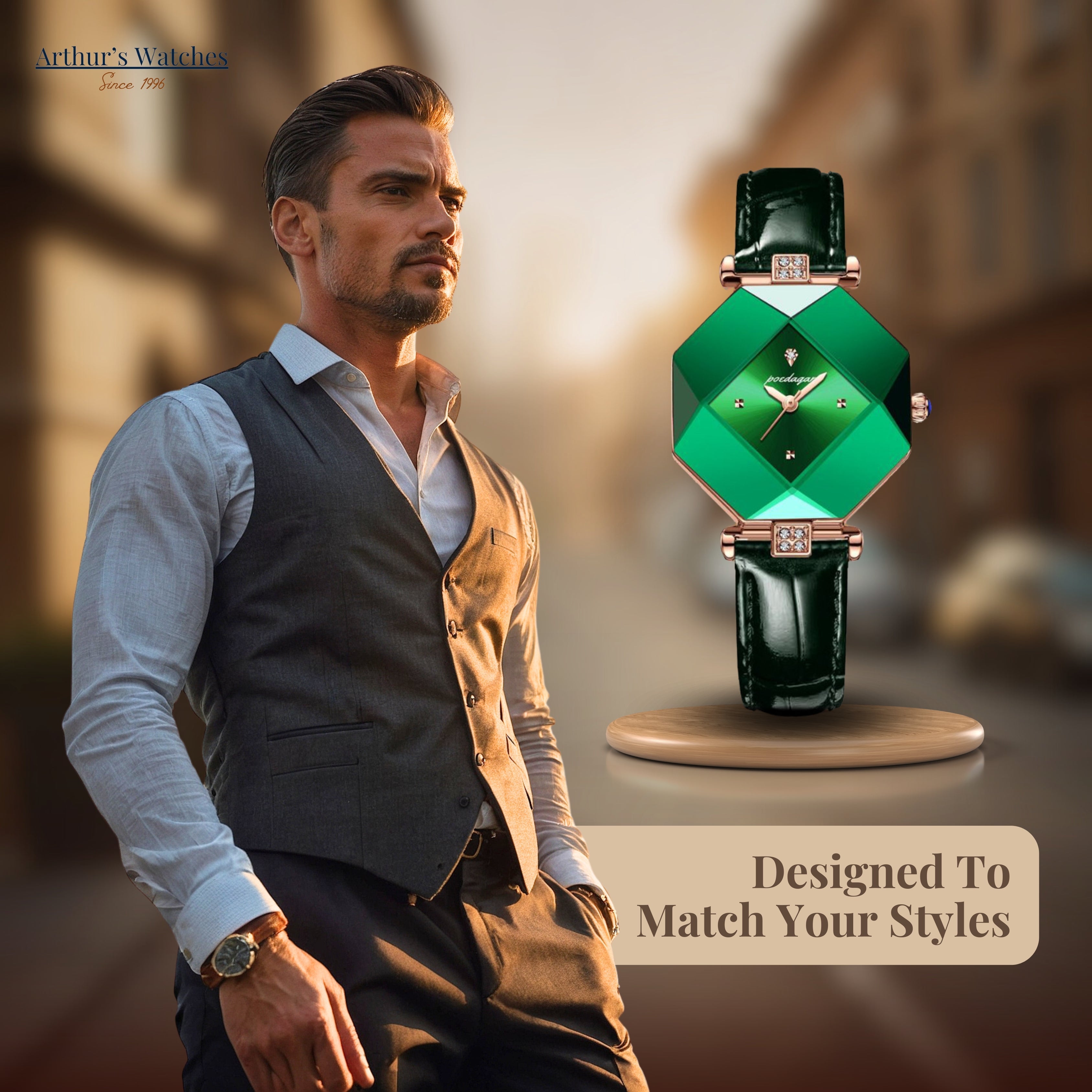 Modiva グリーンダイヤモンド型リストウォッチ