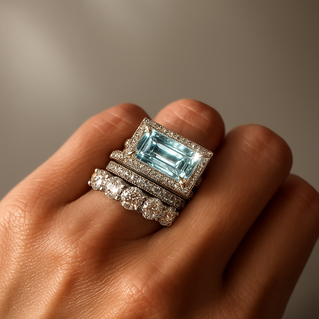 ターコイズガラス風 シルバーリングセット