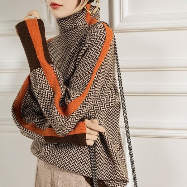 モダンハイネックストライプセーター