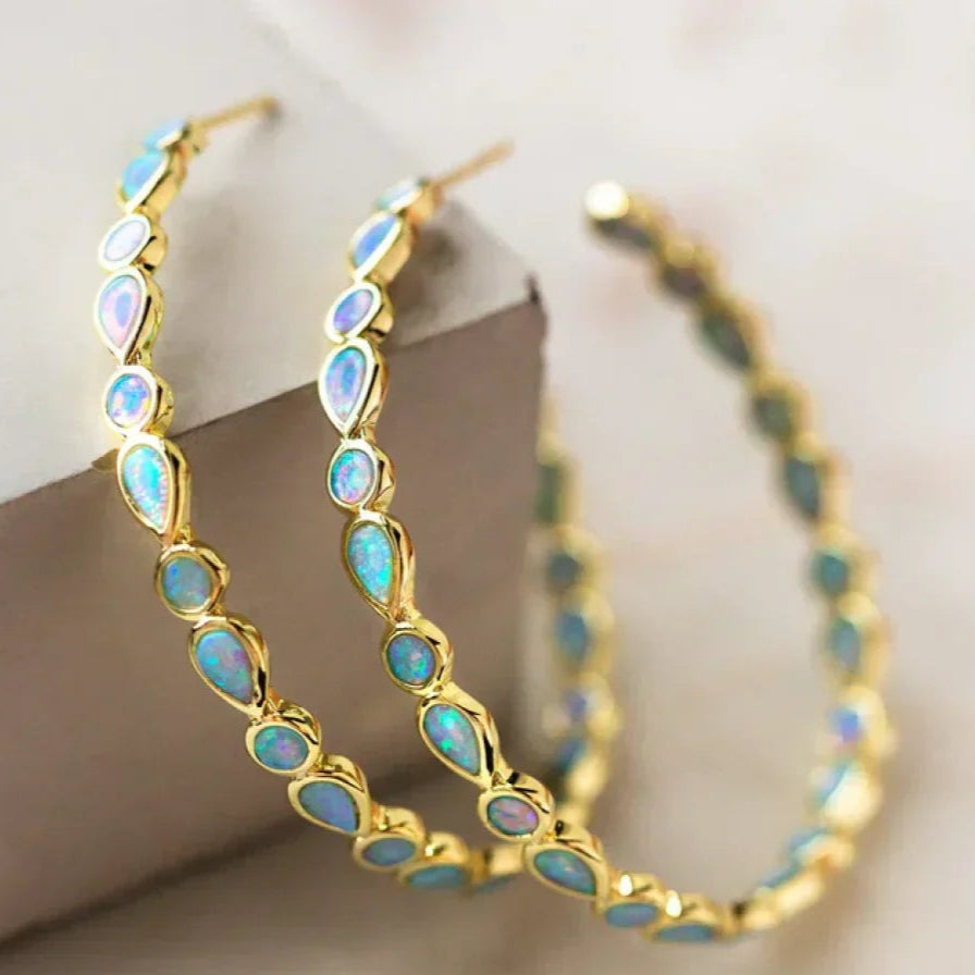 ヴィンテージ ブルーオパール ゴールドフープピアス